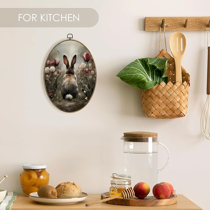 Fewgb Bunny Rabbit Oval Wall Art Decor Framed for Bunny Lovers Gifts, Floral Easter Bunnies Canvas Wall Art Prints Picture, Moody Spring Tulip Farmhouse Hanging Room Decor for Bedroom Nursery 9x12