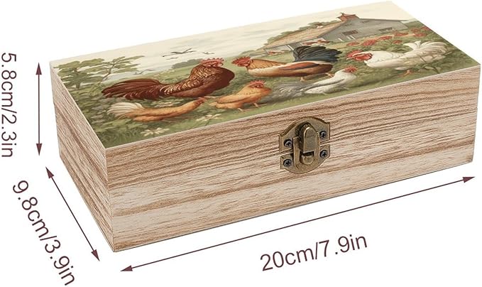Chickens And Farm Wooden Storage Boxes with Hinged Lid Beautifully Keepsake Boxes Wood Jewelry Box Jewellery Organiser & Trinket Holder Gift for Men & Women 7.9" X 3.9" X 2.3"