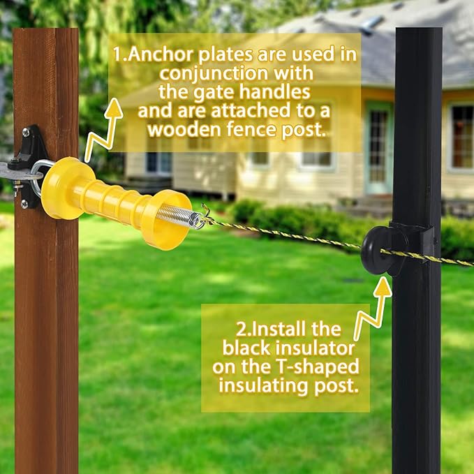 Tondiamo 8 Sets Electric Fence Gate Handle Set with Anchors and Insulators Including 8 Pcs Plastic Electric Fence Gate Handle with Spring, 16 Pieces Anchor Set, 16 Pieces Black Insulators