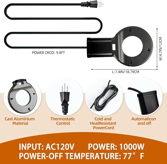 1000W Utility De-Icer, Chicken Water Heater, Submergible Cast Aluminum Thermostatic Control Bird Bath Heater De-icer, for Livestock Poultry Birds, Cows, Horses, Animals Drink Water (Black)