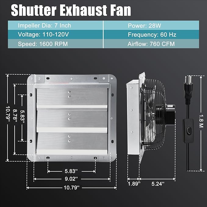 Criditpid 7 Inch Shutter Exhaust Fan, Wall Mounted Vent Fan for Greenhouse, Shed, Garages, Basement, Shop, Chicken Coop, 760 CFM High Speed Exhaust Fan with Speed Controller and 1.8M Power Cord Kit