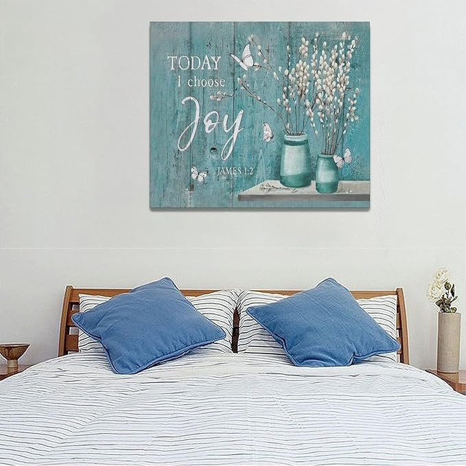 Farmhouse Teal Flower Wall Art Rustic Teal Floral Butterfly Pictures Wall Decor Country Pussy Willow Canvas Prints Flower Artwork Home Decoration For Bathroom Bedroom Kitchen Framed 24"x20"