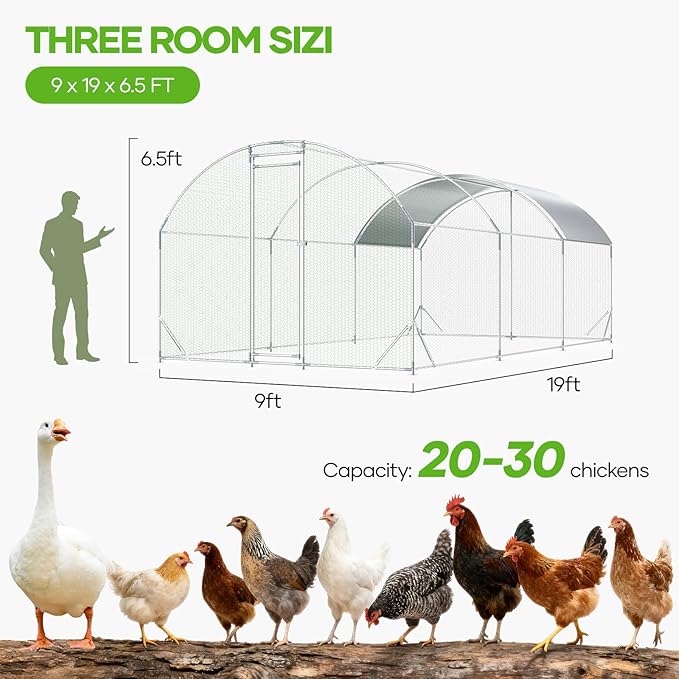 Large Metal Chicken Coop,10x20 FT Walk in Chicken Runs with Cover for 30 Chickens,Hen House Enclosure with Security Lock, Outdoor Duck Rabbit Cage Poultry Pens for Backyard,Farm,Yard