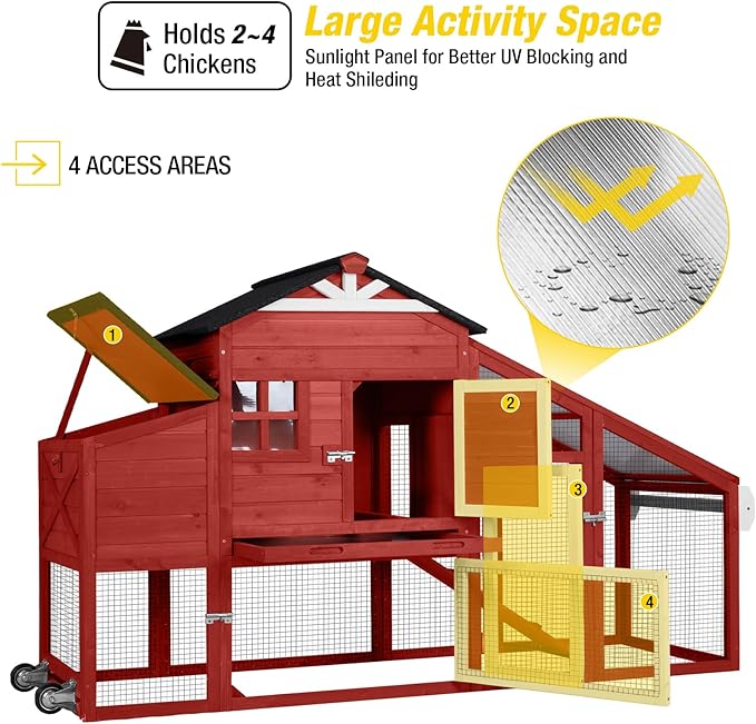 Aivituvin Chicken Coop Mobile Chicken House on Wheels, Rabbit Hutch Bunny Cage Expandable Wooden Poultry Cage with Large Nesting Box Leakproof Pull-Out Tray,UV-Resistant Roof (Red, AIR32)