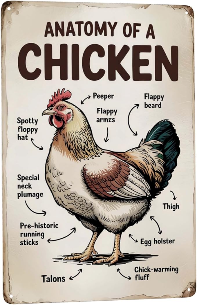 Retro humor wall art sign featuring Anatomy Of A Chicken Metal Tin Sign Classroom Farm Decor Perfect For Hanging In Coop Rustic Vintage Finish Educational 8x12 inch metal sign for home bar wall