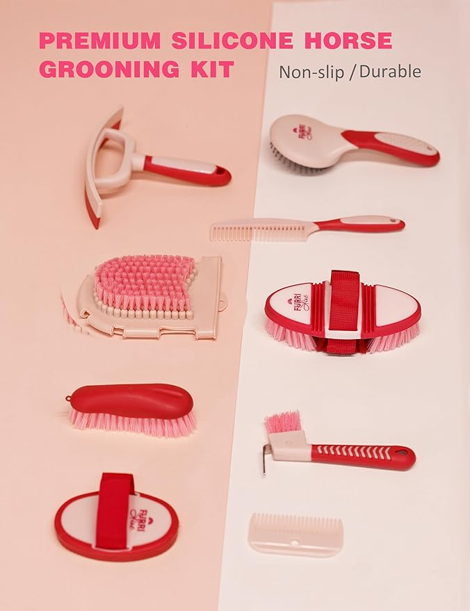 11-Piece Professional Horse Grooming Kit with Waterproof Tote Bag, Non-Slip Silicone Grip Brush Set, Curry Comb, Hoof Pick & Mane Comb Pink Garnet