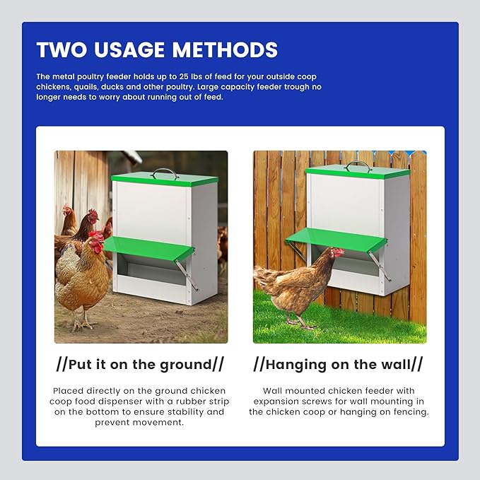 25lb Automatic Chicken Feeders Metal Poultry Feeder no Waste Large Chicken Coop Feeders with Lid Hanging Chicken Feeder Trough for Quail Chickens Ducks Feeder Outside Waterproof Chicken Feeder