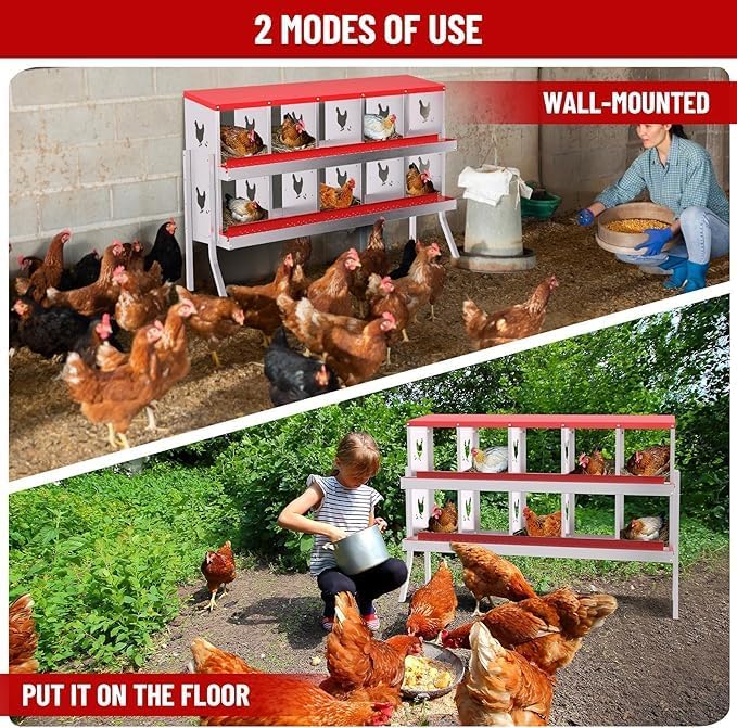 Chicken Nest Box, 10-Compartment Egg-Laying Box, Metal Hen House, Convenient for Collecting Eggs - Ventilated Poultry House Equipment - Suitable for Hens, Ducks Red,with Stand