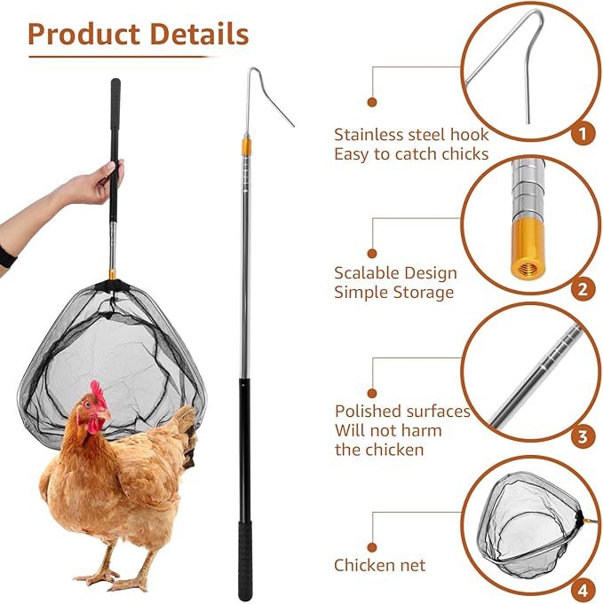 Telescopic Chicken Catcher Leg Hook 58.5 Inch Chicken Net Catcher with Non Slip Rubber Handle Can Withstand 3.5 lbs Small Chicken Catching Net Poultry Hook Bird Catcher with Hook Head for Out