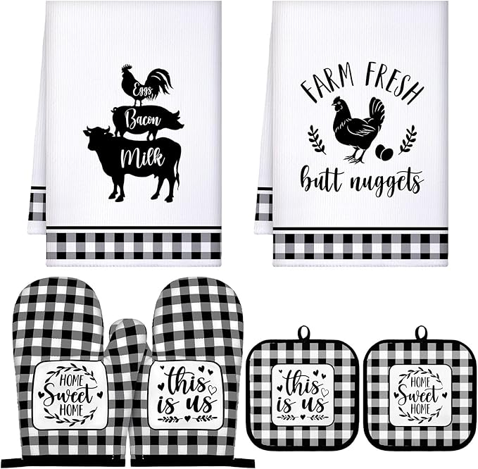 Sratte 6 Pcs Farmhouse Marble Dish Towels Pot Holders and Oven Mitts Sets Pink White and Gold Heat Resistant Kitchen Towels Farm Animal Kitchen Decoration for Baking Cooking Supply(Farm Animal)