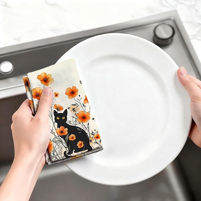 Black Cat Kitchen Towels Decorative Set of 4, Burnt Orange Floral Dish Towels Dish Cloths for Drying Cleaning, Soft Absorbent Cute Hand & Tea Towel, Cat Lover Kichen Decor & Gifts for Women