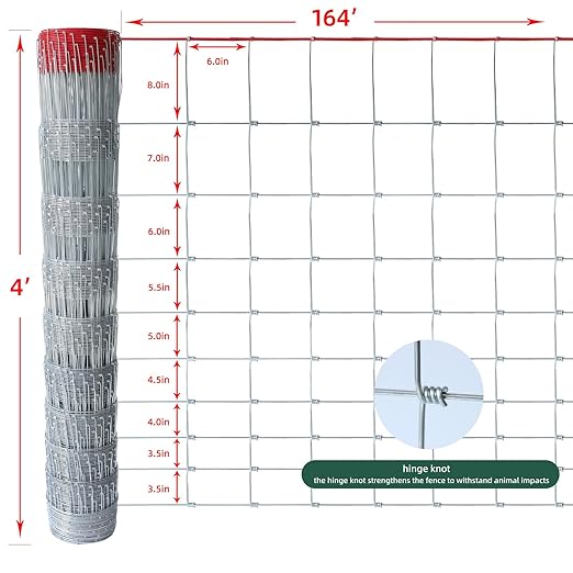 Farm Fence 4x164FT, Thickened 12 Gauge Galvanized Wire, Durable Woven Wire Fencing with Hinge Knot for Cattle, Goats & Sheep, Hog, Livestock Fence, Farm & Field Use