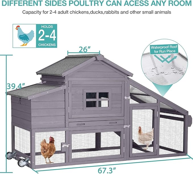 Chicken Coop for 4 Chickens, Mobile Chicken House with with Wheels, Outdoor Hen House Poultry Cage with Nesting Box, Leakproof Pull Out Tray and UV-Resistant Roof (67.3" L x 29" W x 39.4" H)