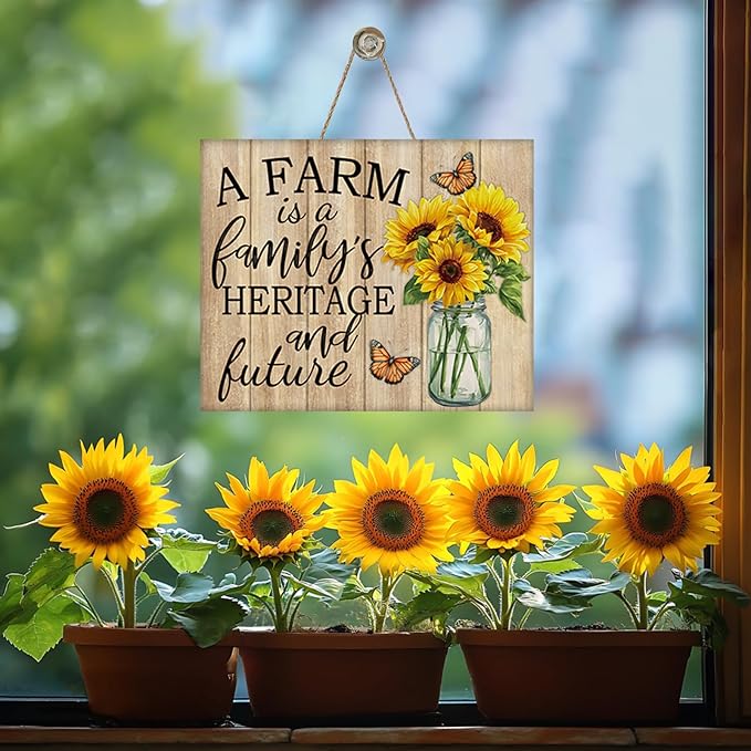 Farm Family Sunflower Front Door Sign, Spring Summer Flower Heritage Future Farmhouse Wood Hanger Home Decor, Fall Autumn Floral Rustic Wooden Wreath Indoor Wall Hanging Decoration