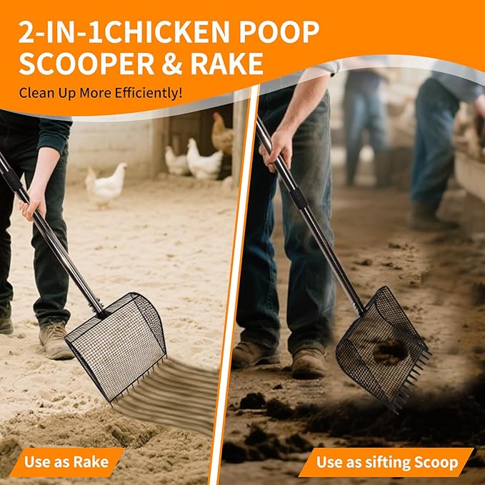Chicken Poop Scooper & Rake 2-in-1 Metal Coop Shovel,Adjustable Stainless Steel Handle,Cleaning Tools for Chicken Coops & Farm Animals Scoop for Litter Scooper Sand Sifting Shovel Chicken Coops