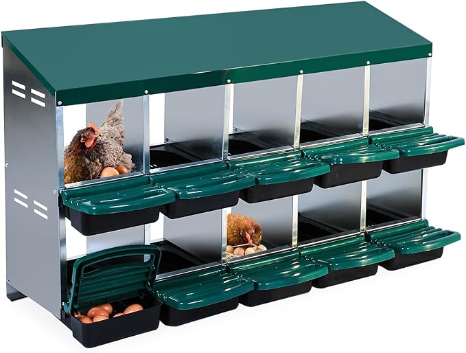 GarveeHome 2-Tier Chicken Nesting Box, 10 Compartment Metal Chicken Laying Boxes with Waterproof Roof ＆ Removable Trays for Hens, Poultry，Easy Egg Collection