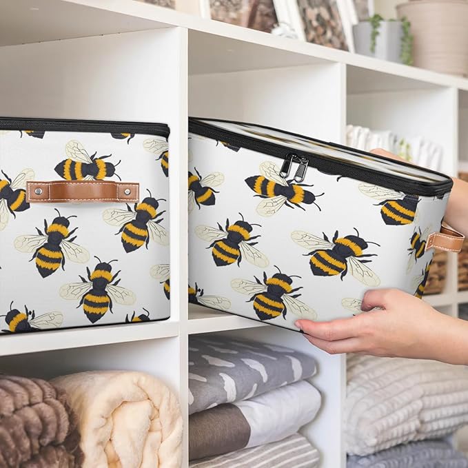 Storage Cubes with Lid Fabric Storage Bins Boxes PU Leather Handles, Cute Bee Closet Organizer Container Foldable Washable Shelf Cloth Basket, Honey Bee