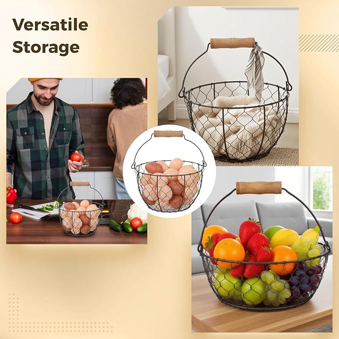 Farmhouse Style Chicken Egg Baskets, 2 Pcs, Metal Egg Holders with Wooden Handle, Stackable Storage for Fruits, Vegetables, and Sundries