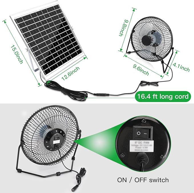 8" Solar Fan for Outdoor Greenhouse, Chicken Coop, Pet House, Shed Air Circulation Cooling, 20W Solar Powered with 16.4 FT Long Cord, 2010 RPM High Velocity