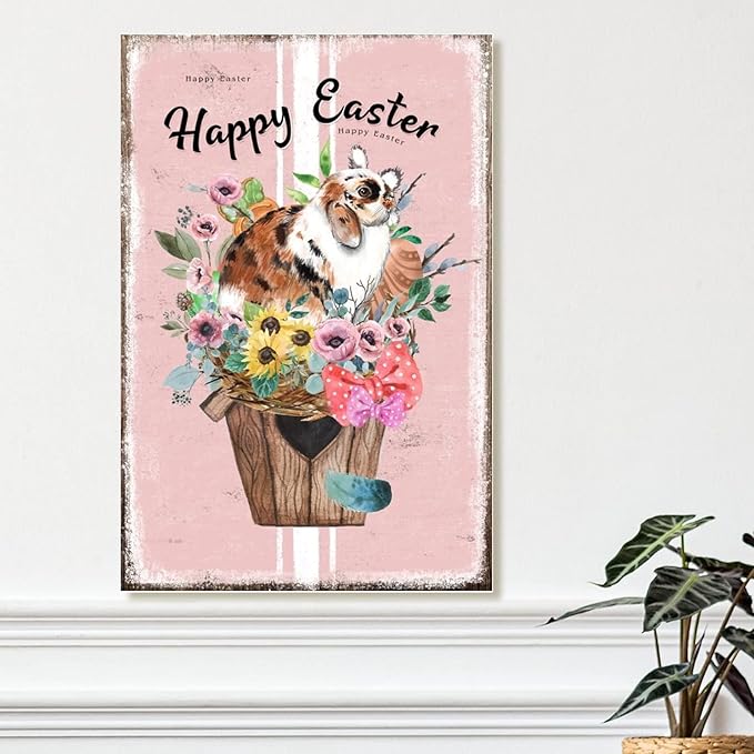 Happy Easter Flower Basket Bunny Wooden Signs French Style Floral Pink Stripes Wood Sign Happy Easter Eggs Bunny Rustic Signs for Home Office Porch 8x12in Easter Gift to Kid