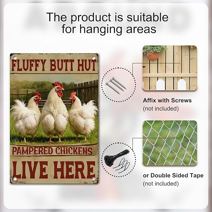 Chicken Decor Metal Signs Funny Chicken Coop Signs Rooster Decor Farmhouse Wall Art Sign Fluffy Butt Hut Pampered Chickens Live Here Tin Sign for Farm Kitchen Garden, Farm Style Gift, 12x8 Inc
