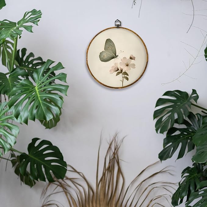 Hiuwevt Vintage Floral Butterfly Round Wall Art Decor, Retro Green Butterfly Floral Framed Canvas Prints, Farmhouse Rustic Round Wall Hanging Decor for Bedroom Living Room Decorations, 10x10 Inches