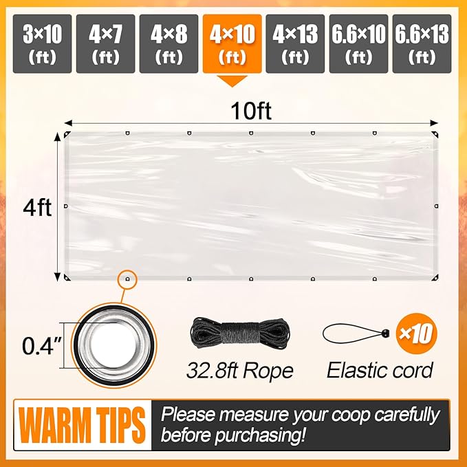 4x10ft Chicken Coop Covers Accessories for Winter - Easy to Install Waterproof Chicken Run Tarp with Elastic Cords & Rope