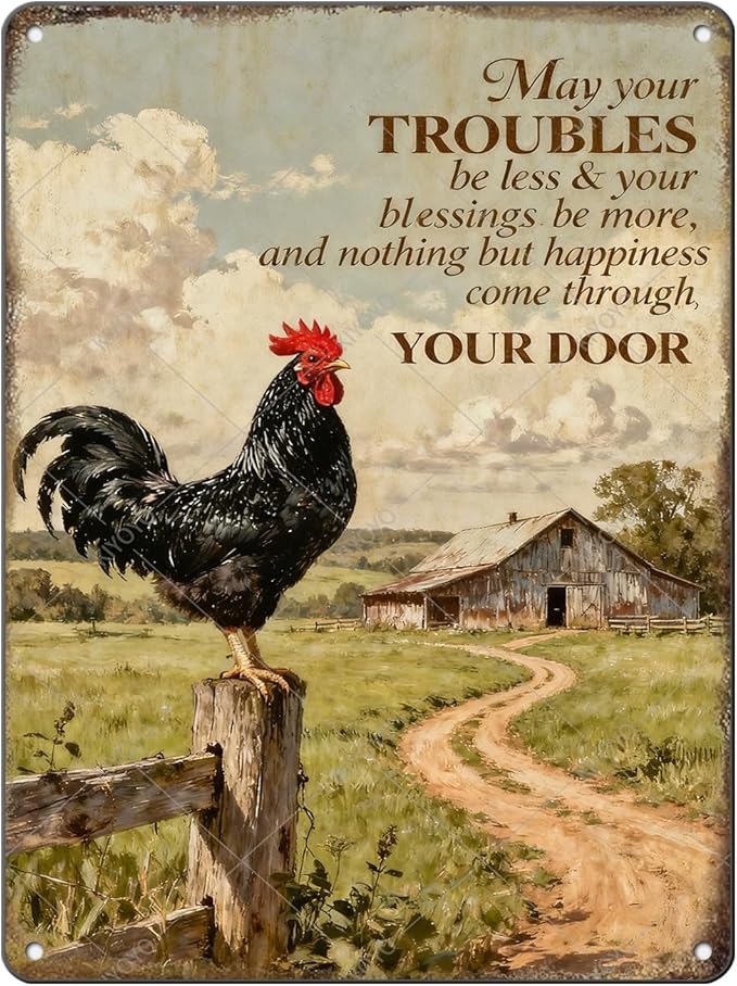 Funny Chicken Signs Farmhouse Rooster Crowing Farm Fence Aluminium Metal Chicken Signs Decor Home Farm Wall Decor for Coop Poster 16x12 Inch