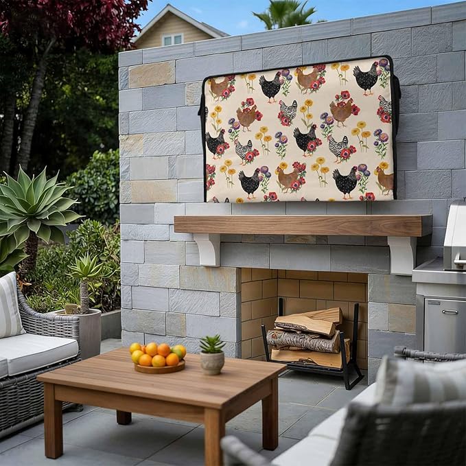 Waterproof Outdoor TV Cover 48 to 50 Inch, Farm Chicken Colorful Poppy Outside Flat Screen Televisions Weatherproof Cover Size 48"L x 30"H, Spring Floral on Beige TV Protector With Zipper