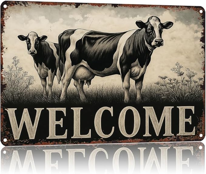 Vintage Farmhouse Metal Welcome Sign - Rustic Cow Farm Animal Theme 8x12 Inch Vintage Aluminum Metal Tin Signs-For Living Room Kitchen Patio Porch Backyard Home Decor Wall Decor