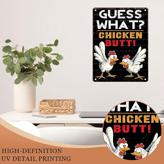 Chicken Lover Guess What Chicken Butt Metal Tin Sign Rustic Wall Decor Farmhouse Kitchen Art 12X16Inch