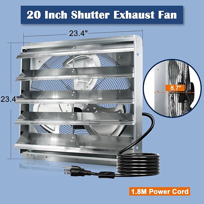 Hiorucet 20 Inch Shutter Exhaust Fan Wall Mounted, 3500CFM High Speed Low Noise Aluminum Louvered Exhaust Fan with 1.8m Power Cord for Greenhouse, Garage, Shop, Attics, Chicken Coop Ventilation Fan.