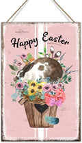 Happy Easter Flower Basket Bunny Sign Wall Decor French Style Floral Pink Stripes Sign Plaque Bunny Rabbit Happy Easter Wood Wall Decor Signs for Living Room Front Porch 12x18in