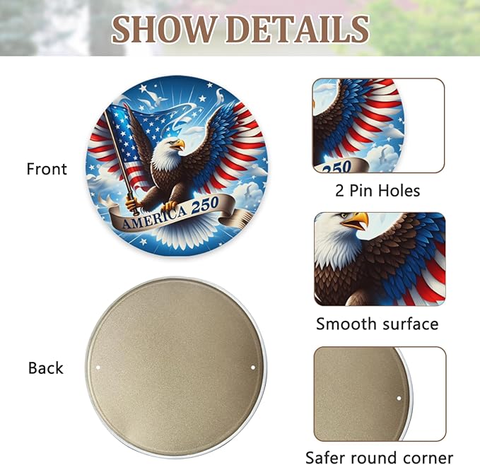 United States 250th Anniversary Metal Sign, 250th Anniversary USA Round Metal Signs for Home Decor, 250 Patriotic American Wall Signs Yard Signs, Gift for US Citizens, Patriotic Collectors