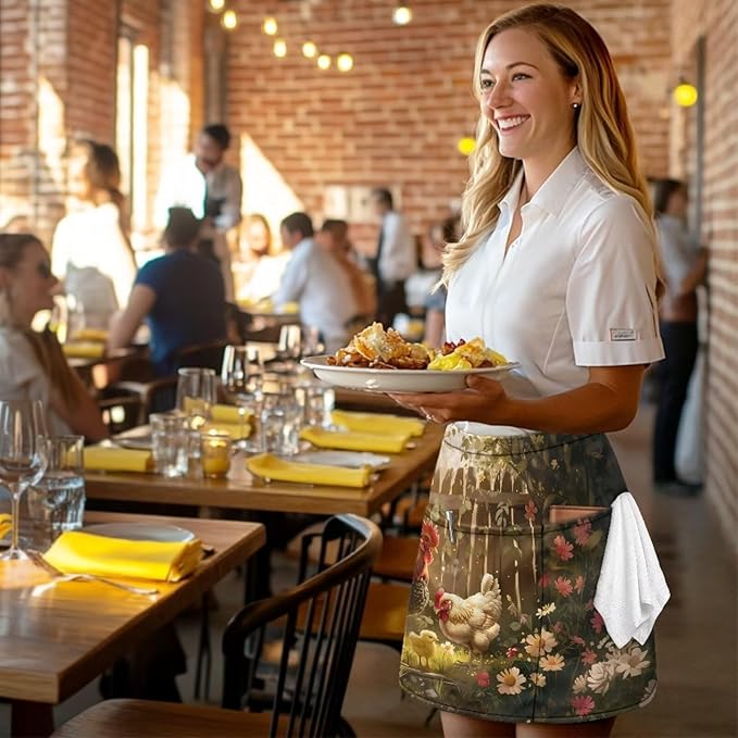 Waist Apron with 3 Pockets Waterproof 13 Inch Short Half Waist Aprons Women Men Server Aprons Waitress Waiter Apron