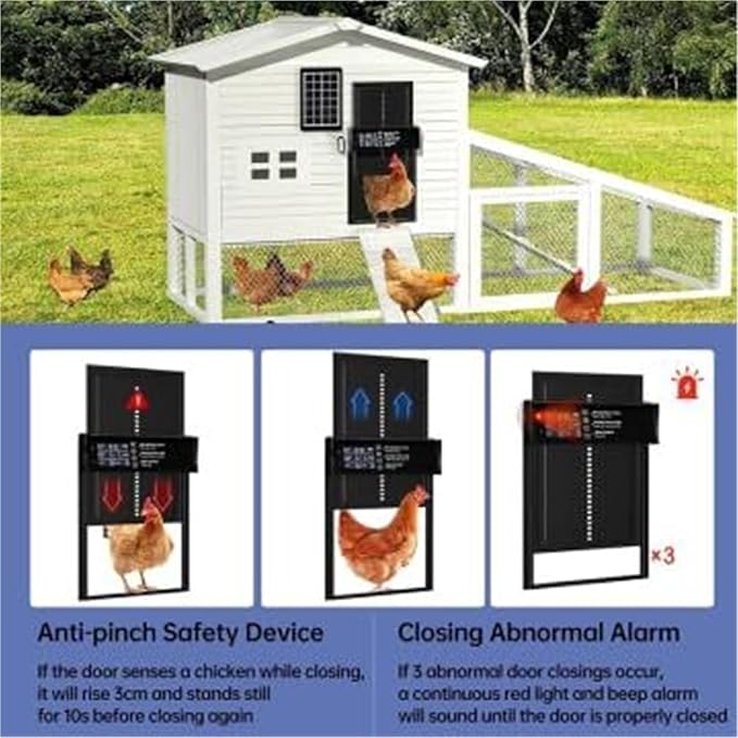 Waterproof Aluminum Alloy Solar Chicken House Door, Automatic Chicken Door with Timer, Anti-Pinch Weather Proof, Light Sensor