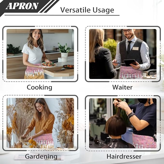 Waist Apron with 3 Pockets Waterproof 13 Inch Short Half Waist Aprons Women Men Server Aprons Waitress Waiter Apron