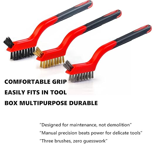 Wire Brush Set (3-Pack) for Precision Cleaning – Brass, Nylon & Stainless Steel Brushes for Rust Removal, Delicate Surfaces & Tight Spaces – 7-Inch Curved Handle