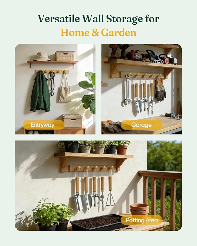 Wood Wall Hooks Organizer Gardening Tool Set, 6-Piece Garden Tools with 5 Sturdy Wooden Hooks for Wall, Rust-Proof Outdoor Garden Tool Set, Gardening Gifts for Women, Coat Rack Wall Mount