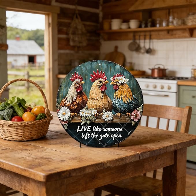 Chicken Wall Decor Live Like Someone Left The Gate Open Poster Funny Farm Chicken Coop Round Metal Tin Signs Home Kitchen Garden Restaurant Rooster Outdoor Yard Wall Art Decor 12 Inch