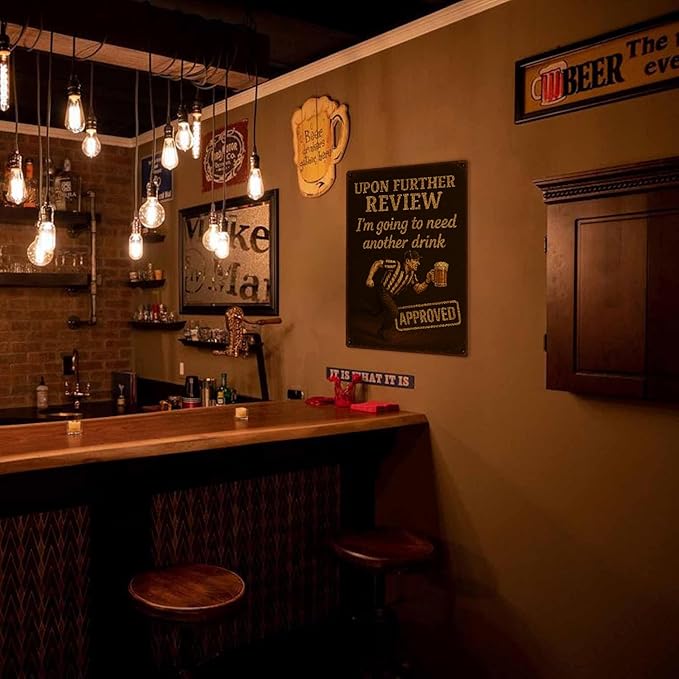 Metal Beer Signs for Home bar, Man Cave Signs for Men with Quote "Upon Further Review I Need Another Drink" Sign - Bar Accessories for Basement, Garage, Funny Drinking Gifts for Men- 8"x12"