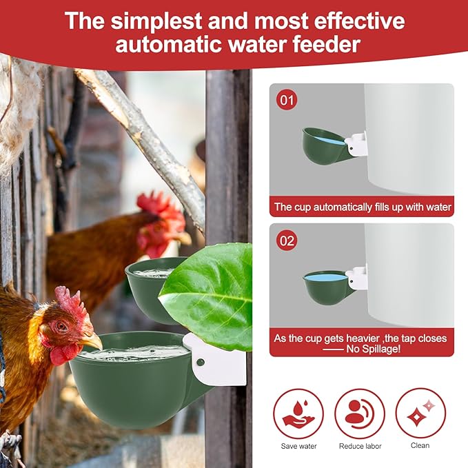 Chicken Waterer Cups (16 Pack/Green) - DIY Automatic Large Chicken Water Feeder for Ducks Quail and Various Poultry Dispenser with Matching Drill, Double Rubber Ring, Not Leaking Wate