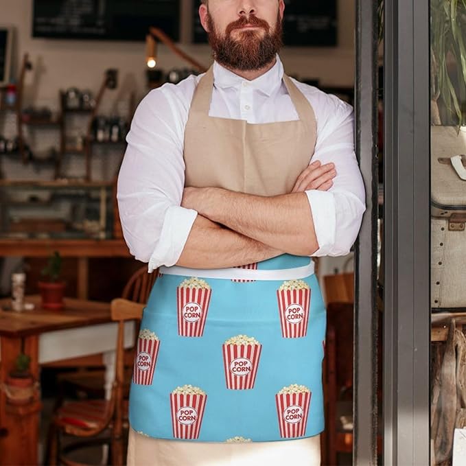 Unisex Chef Waiter Apron Waist Half Short Serving Aprons with 3 Pockets