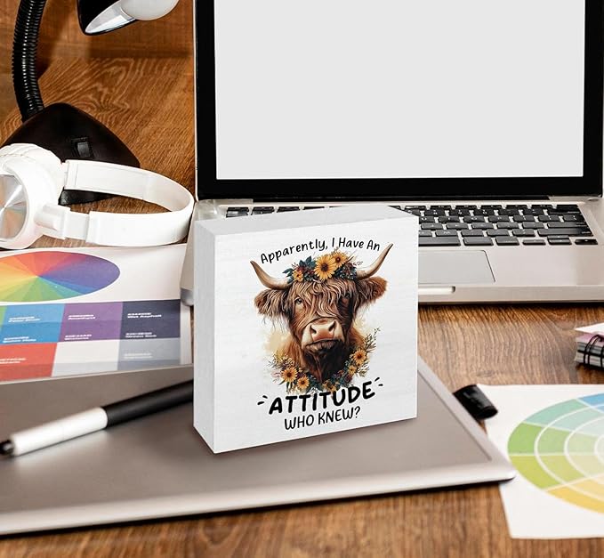 Highland Cow Sign, Farm Cottagecore Animal Office Kitchen Bedroom Decor, Apparently I Have an Attitude Who Knew Wooden Box Signs, Apparently Highland Cow Gifts for Women Men 6x6 in Decorative Signs & Plaques