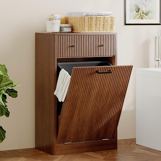 Single 10 Gallon Wood Grain Tilt-Down Trash Can Cabinet with Storage Drawer,Wood Grooved Recycling Cabinet with Wave Texture Hidden Pull-Out Trash Can for Kitchen,Bathroom (Trash Can Cabinet-Walnut)