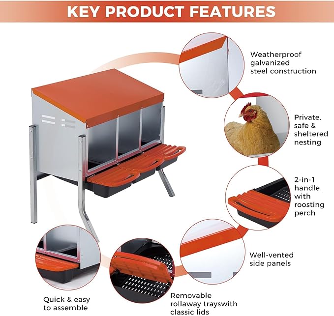 Chicken Nesting Box,Chicken Laying Boxes with 3 Compartment Metal Stainless Steel,Chickens Egg Laying Nest Boxes with Rollout Egg Collection,Chicken Brooder Box with Perch, Orage