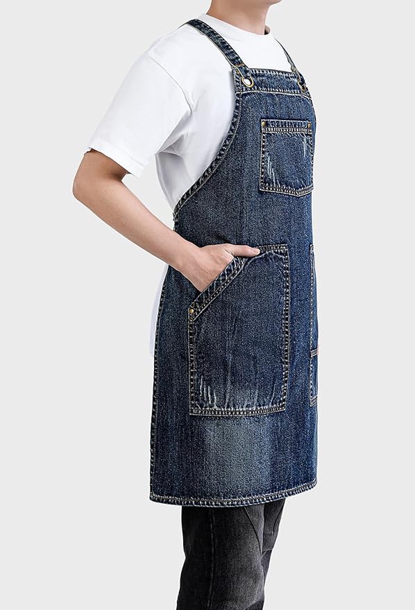 Cotton Denim Apron Soft - Unisex Adjustable Bib Apron with 5-Pockets Perfect for Kitchens