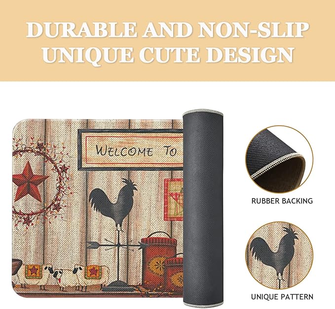 Roszwtit Farmhouse Kitchen Rugs and Mats, Welcome to The Farm Rooster Door Mat, Seasonal Washable Non-Slip Floor Mats for Home Kitchen Decor 30x17 Inch