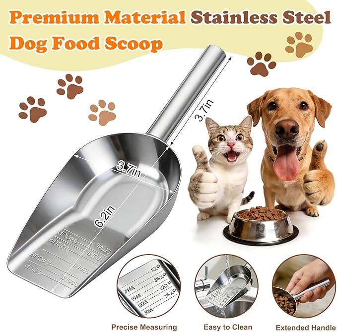 Mity rain Dog Food Scoop Stainless Steel with Long Handle, Precise Dog Food Measuring Cup 1, 3/4, 1/2, 1/4 Cup, Pet Scoop for Dogs, Cats, Rabbits, Animals, Metal Spoon for Dog Food Storage