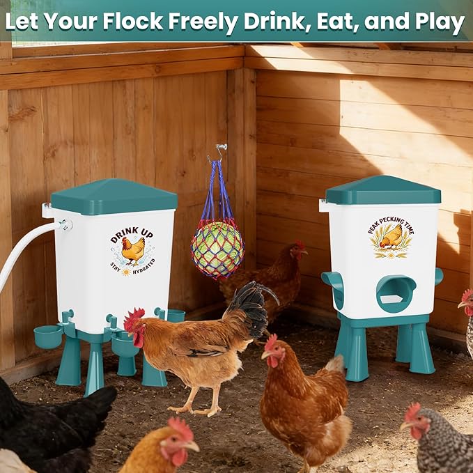 3 Gallon Chicken Feeder and Waterer Set, Large Chick Water with Automatic Float Valve, No Waste Poultry Feeding and Watering System, 4 Cups & 3 Ports, Chicken Coop Accessories for Pigeons/Quail (Blue)